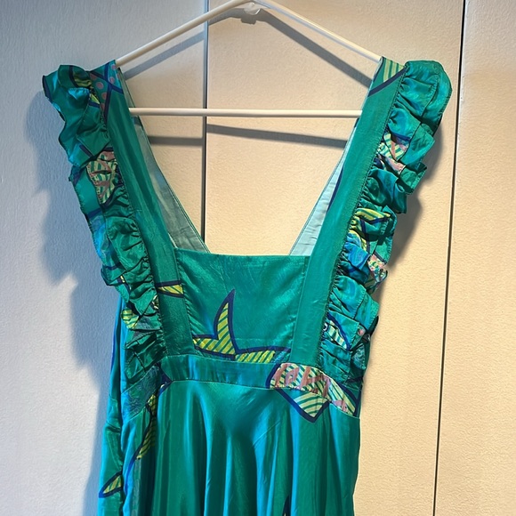 Silk Blue/Green Fish Print Maxi Dress. - Picture 5 of 8